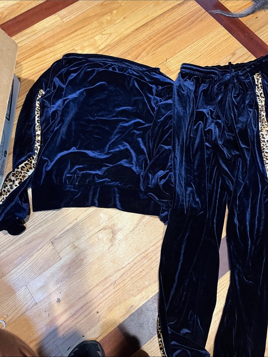 no name Pants - Velvet Two-Piece Set with Leopard Trim - Deep Navy